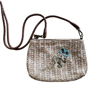 NWT Sakroots Owl Embroidered Straw Crossbody Bag Brown Woven Boho Purse.